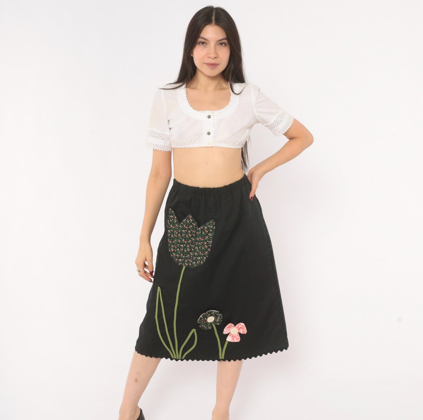 70s Black Floral Midi Skirt Tulip Pocket Patchwork A-Line Small