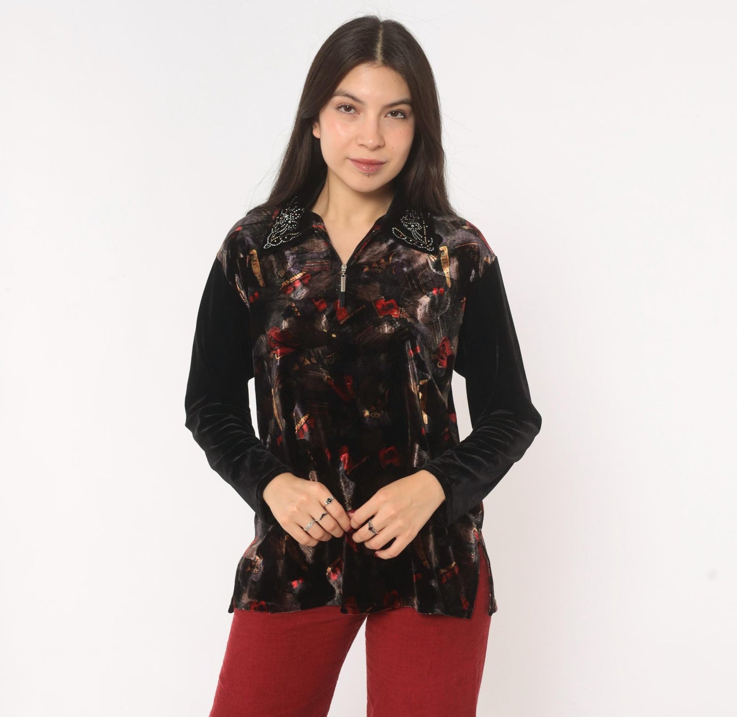 90s Black Velvet Blouse Rhinestone Collar Painterly Print Long Sleeve Medium M