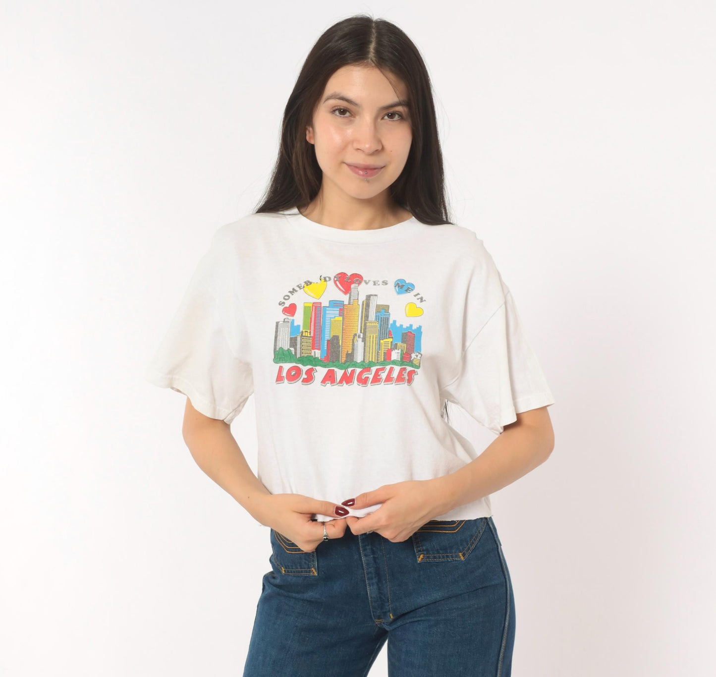 2000s Delta Crop Tee Los Angeles Skyline Hearts White Small