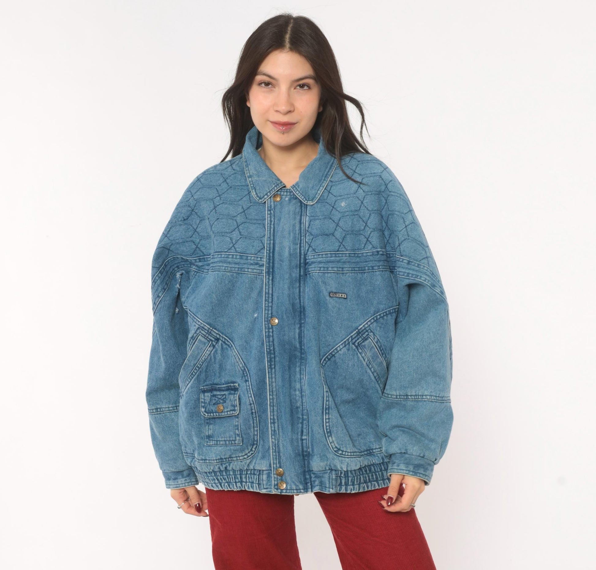 90s Kongloon Quilted Denim Bomber Sherpa Lined Jean Jacket Blue Large