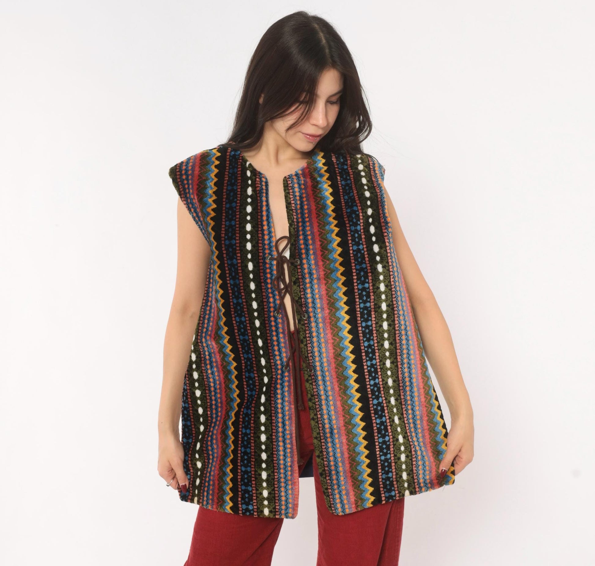 70s Chenille Tapestry Vest Multicolor Zigzag Stripe Lace-Up Tunic Large L