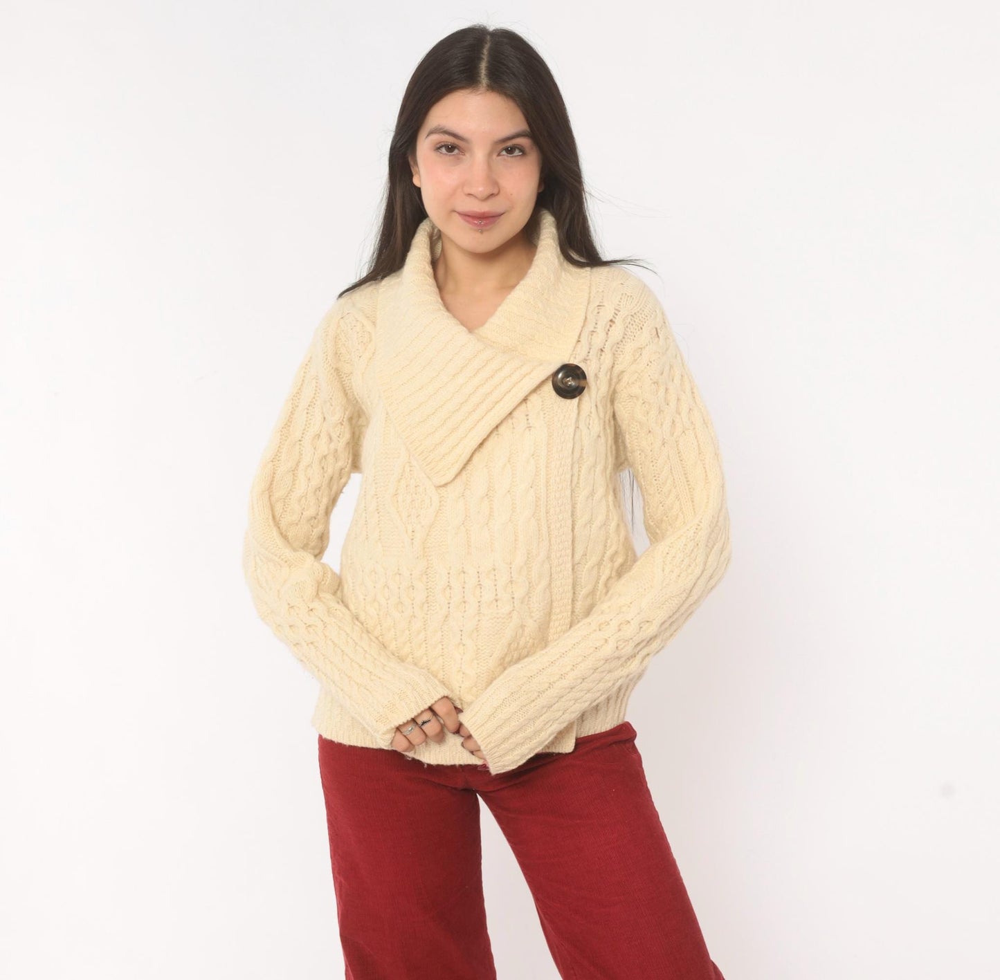 80s Arancrafts Aran Cable Knit Cardigan Cream Wool Shawl Collar Small S