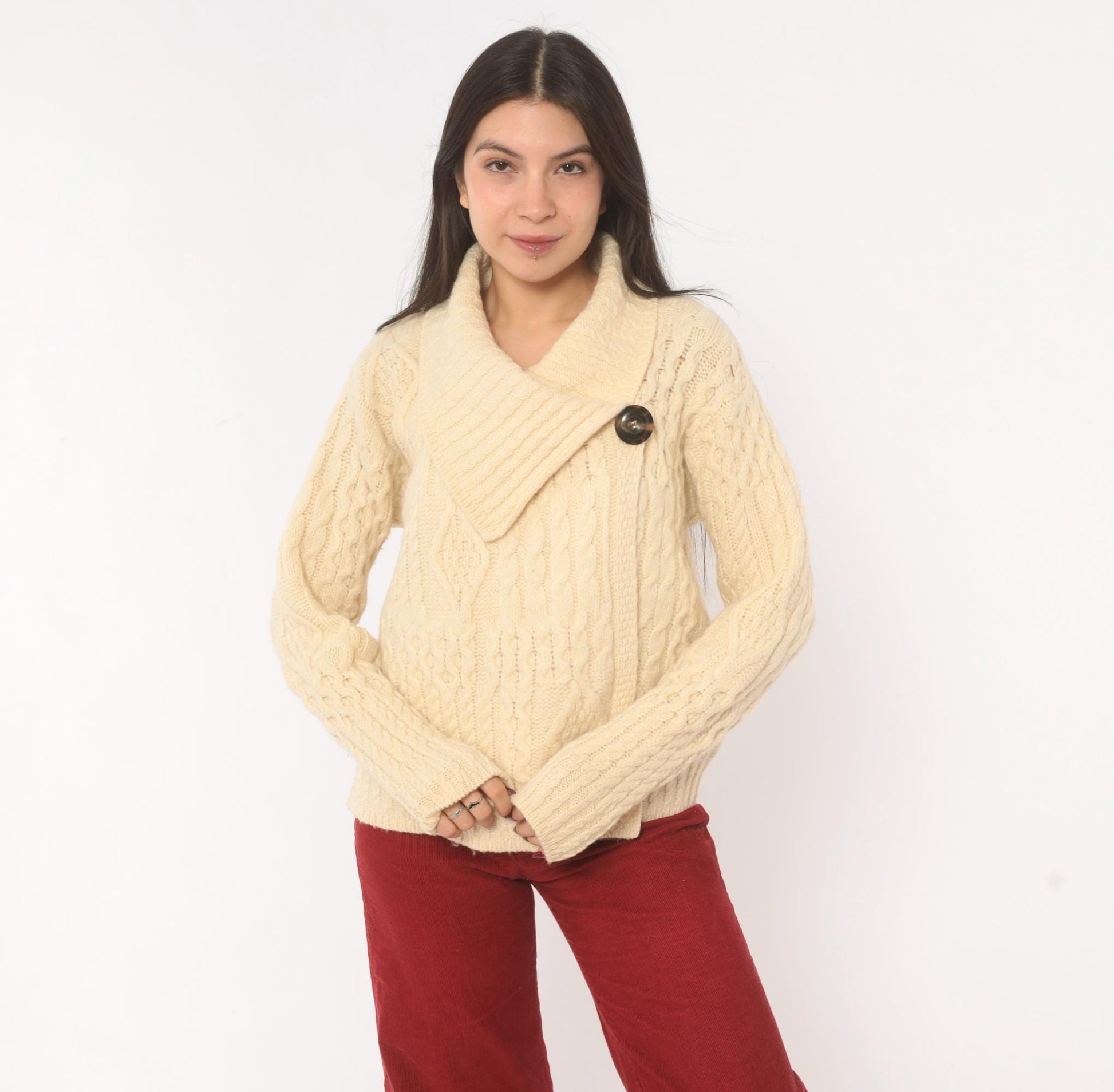 80s Arancrafts Aran Cable Knit Cardigan Cream Wool Shawl Collar Small S