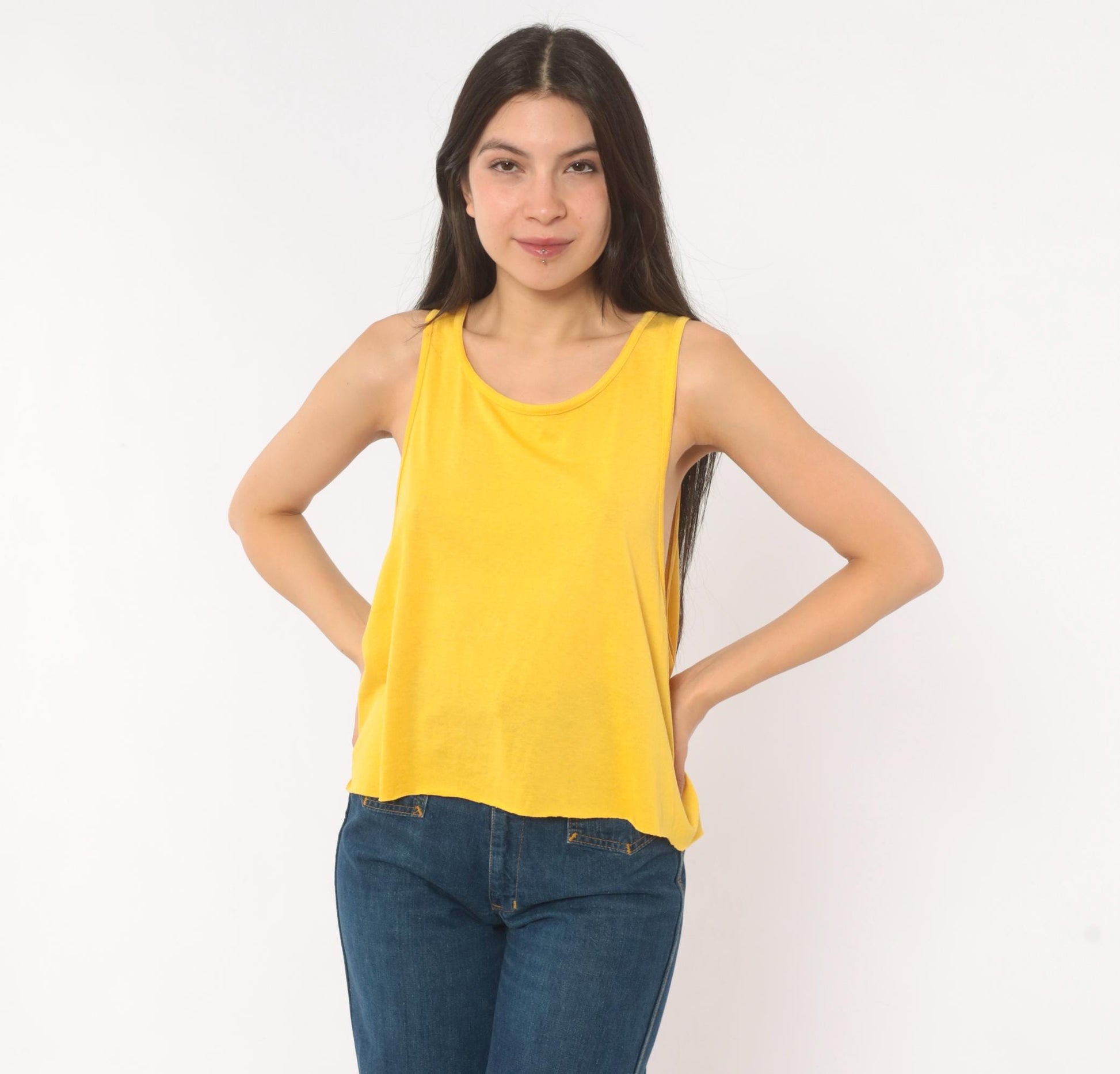 90s Mustard Scoop Neck Tank Top Yellow Sleeveless Blouse Medium M