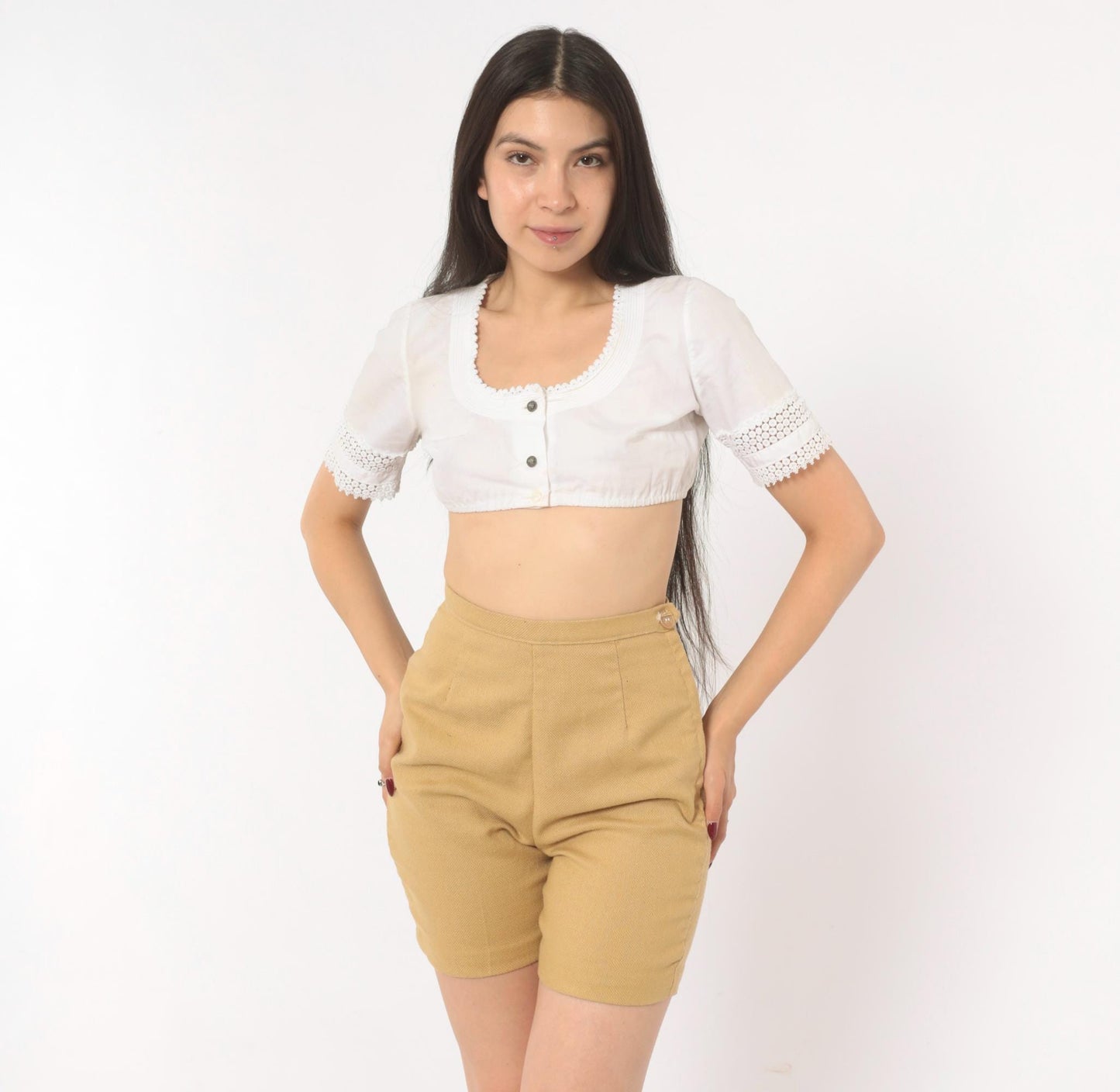 70s Permanent-Press High-Waisted Shorts Tan Cotton Linen Extra Small XS