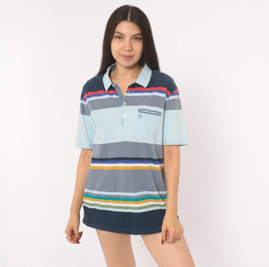 Y2K Penguin Striped Polo Cotton Collared Shirt Multicolor Large L