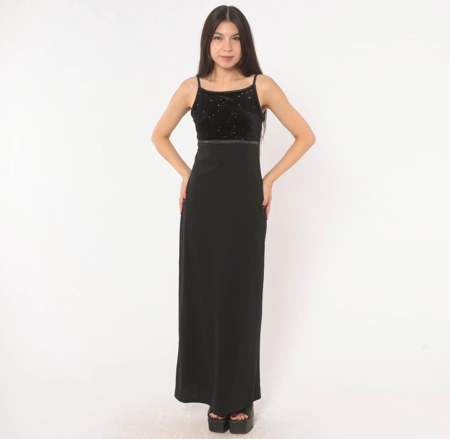 2000s I.N. San Francisco Black Velvet Maxi Dress Empire Waist Spaghetti Strap Small