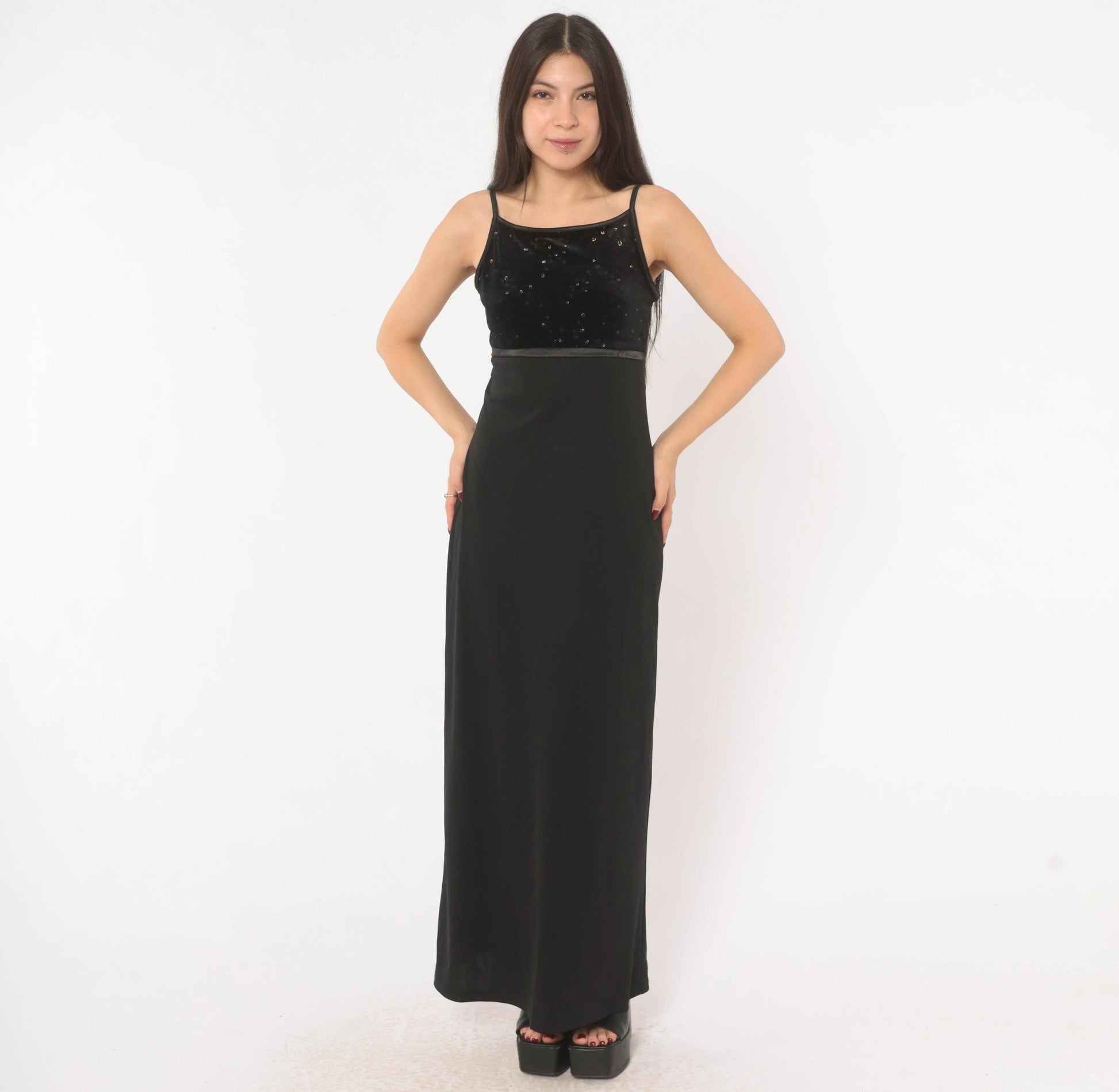 2000s I.N. San Francisco Black Velvet Maxi Dress Empire Waist Spaghetti Strap Small