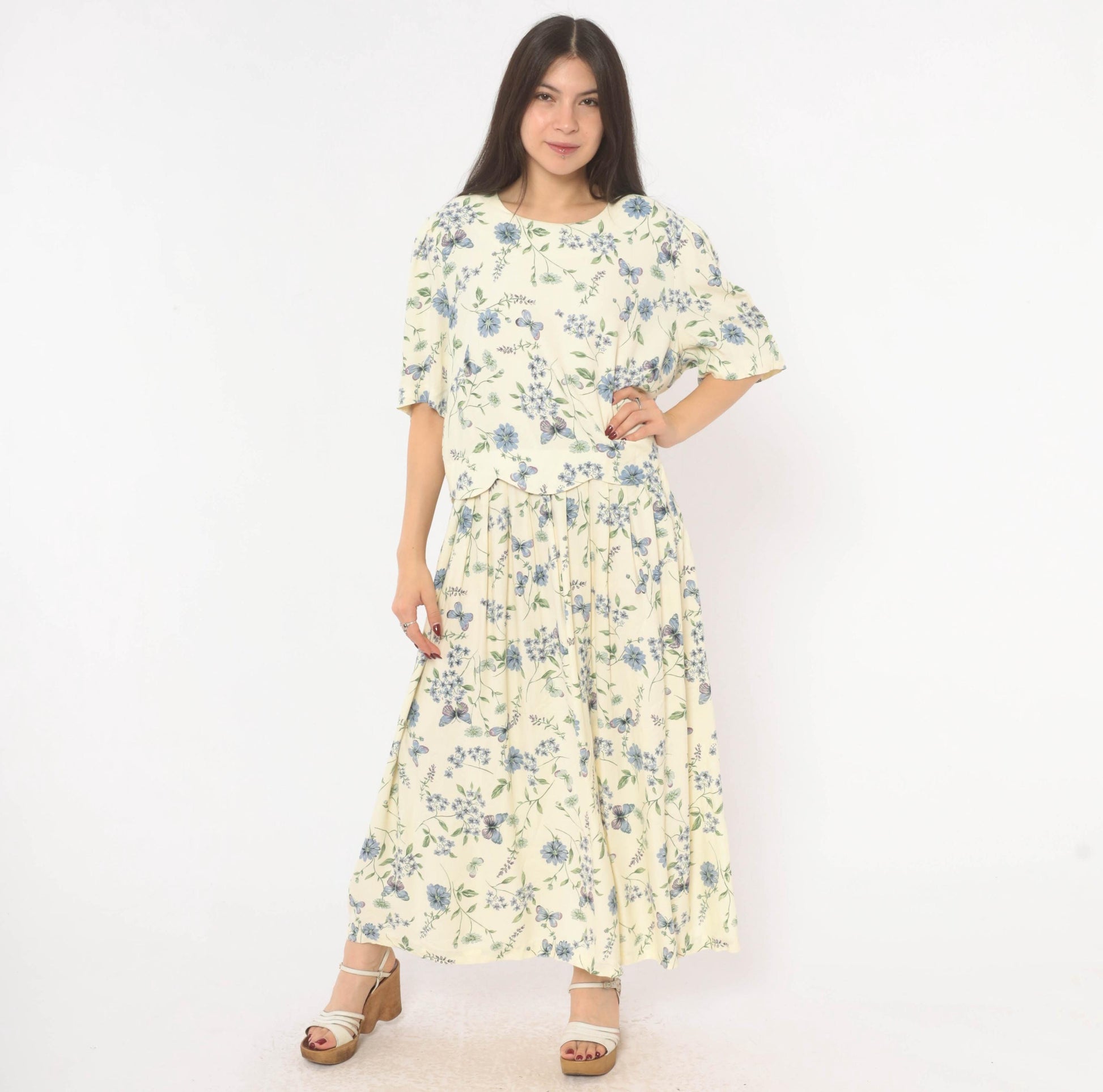 90s SL Fashions Floral Maxi Dress Cream Blue Lavender Peplum Short Sleeve Extra Large XXL