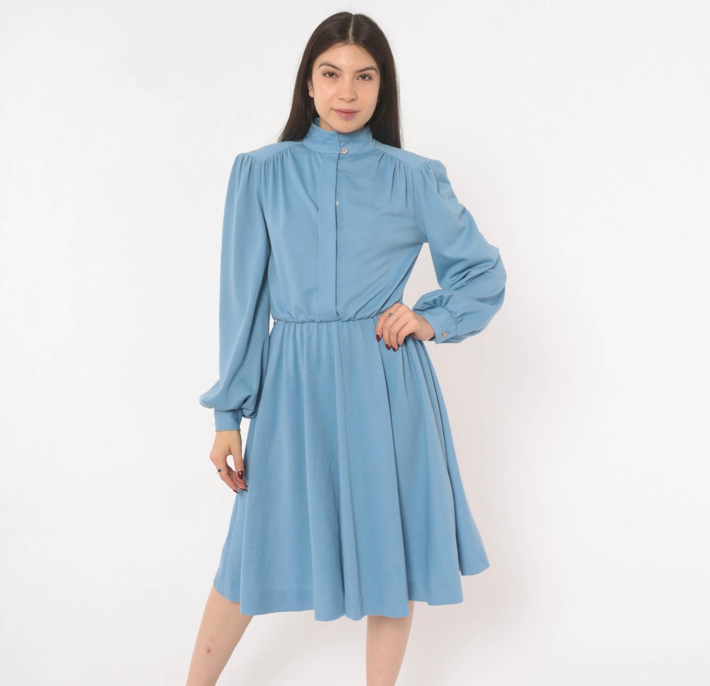 70s Sky Blue Sunshine Alley Dress Bishop Sleeve Quilted Yoke Knee Length Medium M