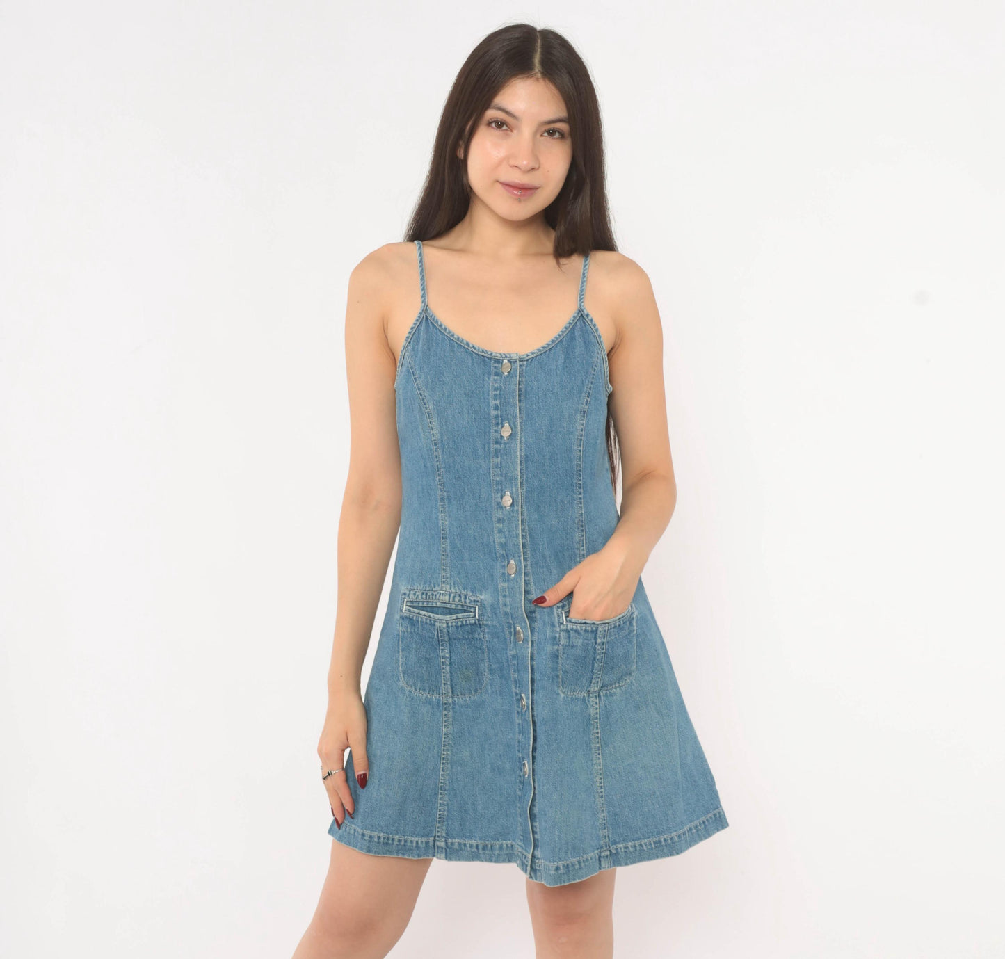 90s Dockers Denim Mini Dress Button Front Spaghetti Strap Blue Small