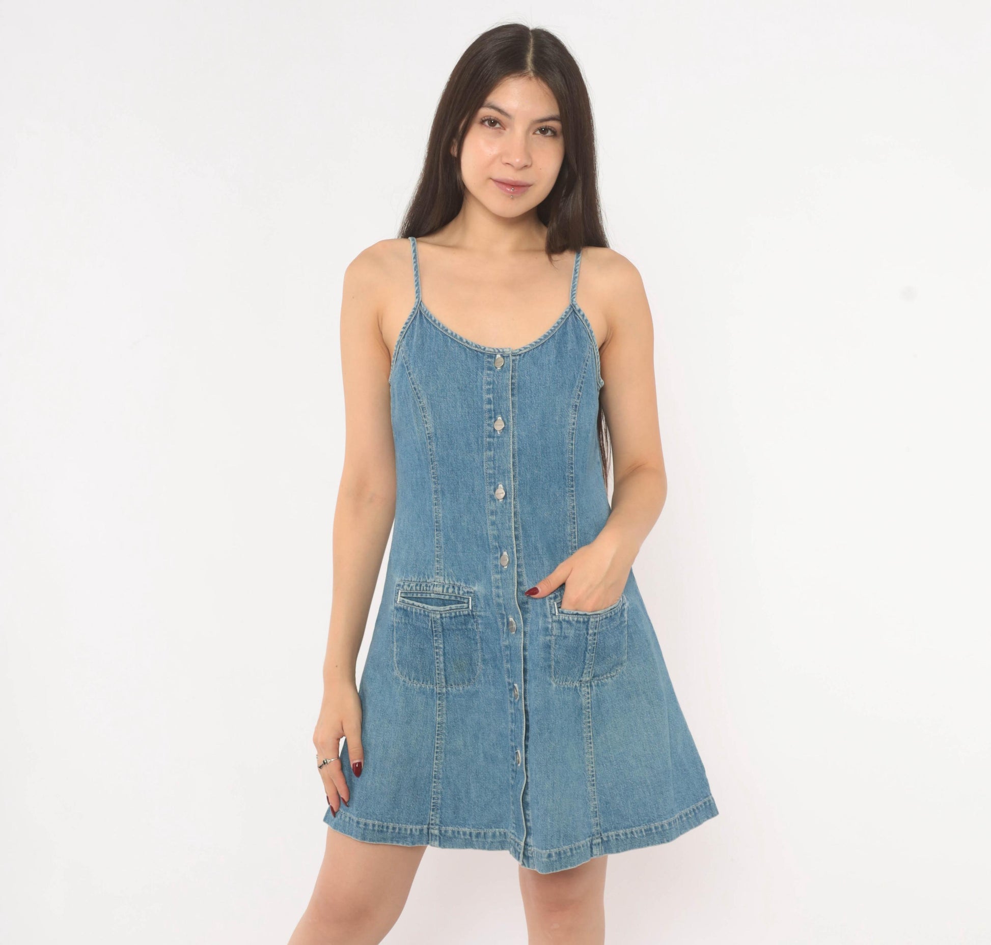 90s Dockers Denim Mini Dress Button Front Spaghetti Strap Blue Small