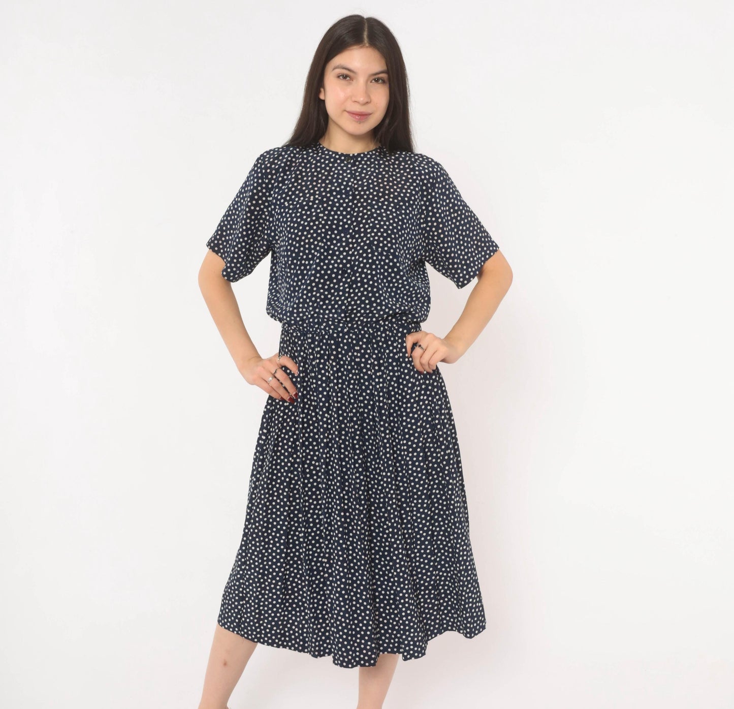 90s Navy Polka Dot Midi Dress Liz Petites Button Front Crew Neck Medium M