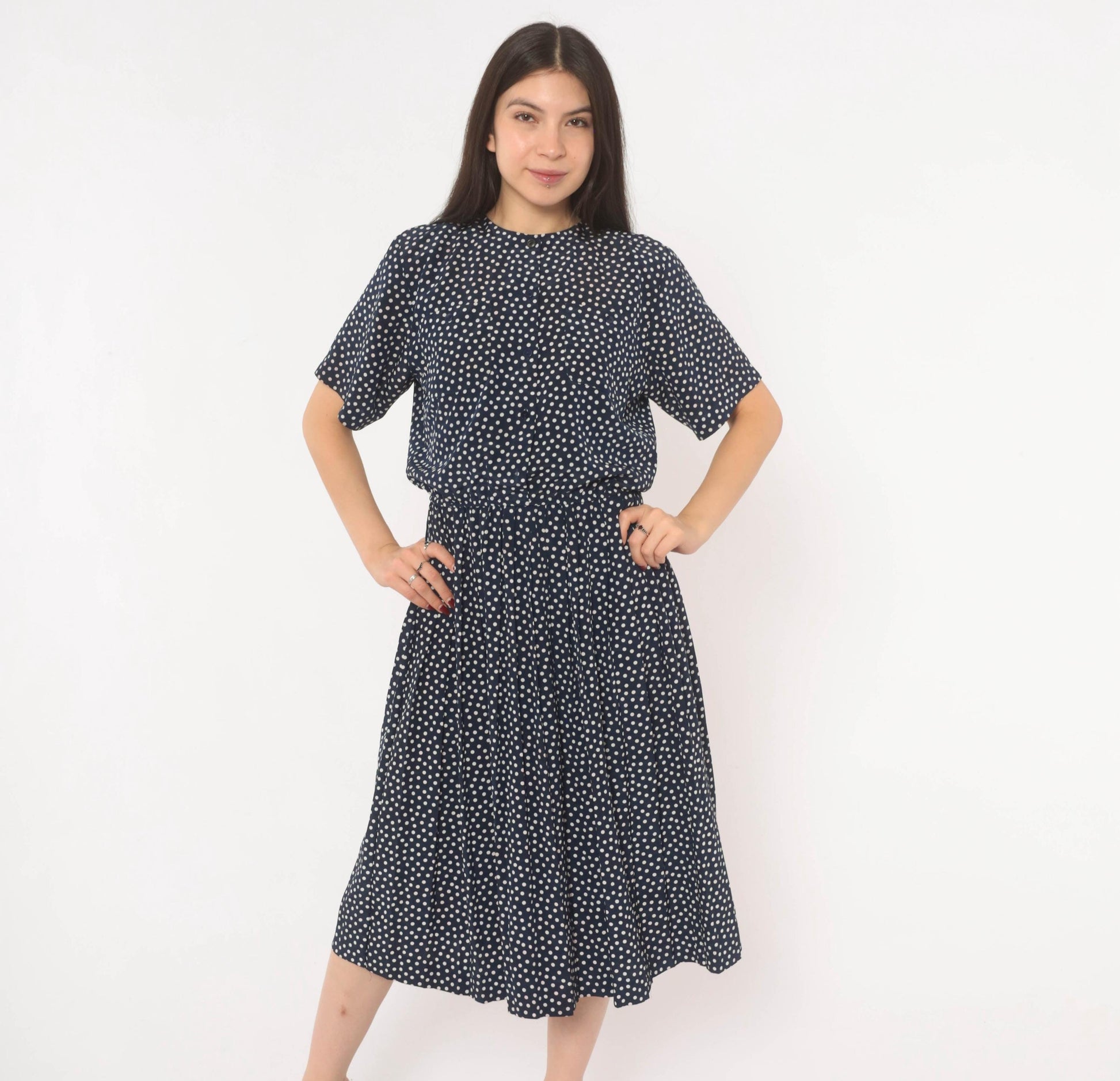 90s Navy Polka Dot Midi Dress Liz Petites Button Front Crew Neck Medium M