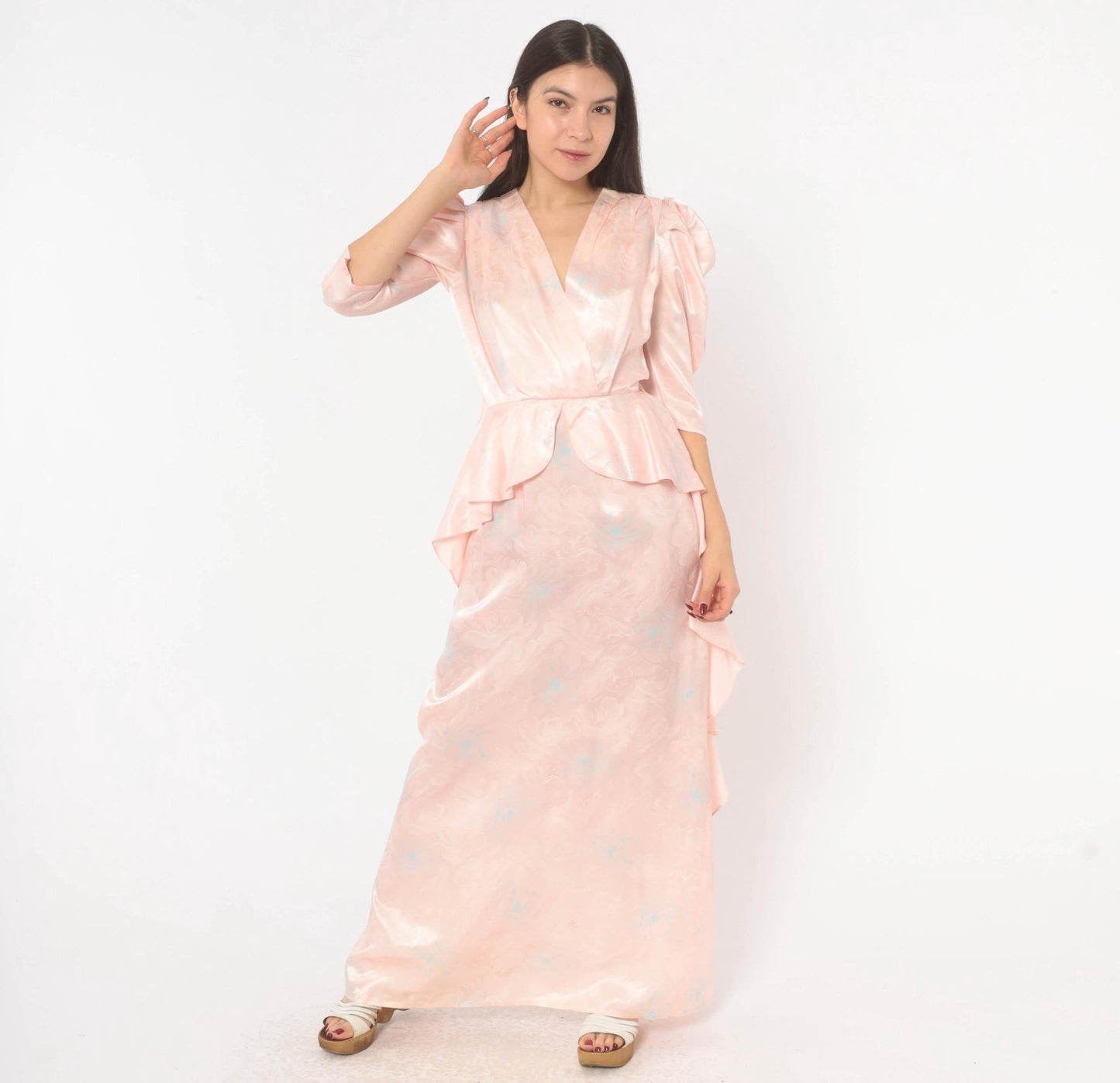 80s Zum Zum Puff Sleeve Maxi Gown Blush Pink Jacquard Floral Extra Small XS