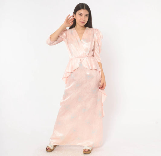 80s Zum Zum Puff Sleeve Maxi Gown Blush Pink Jacquard Floral Extra Small XS