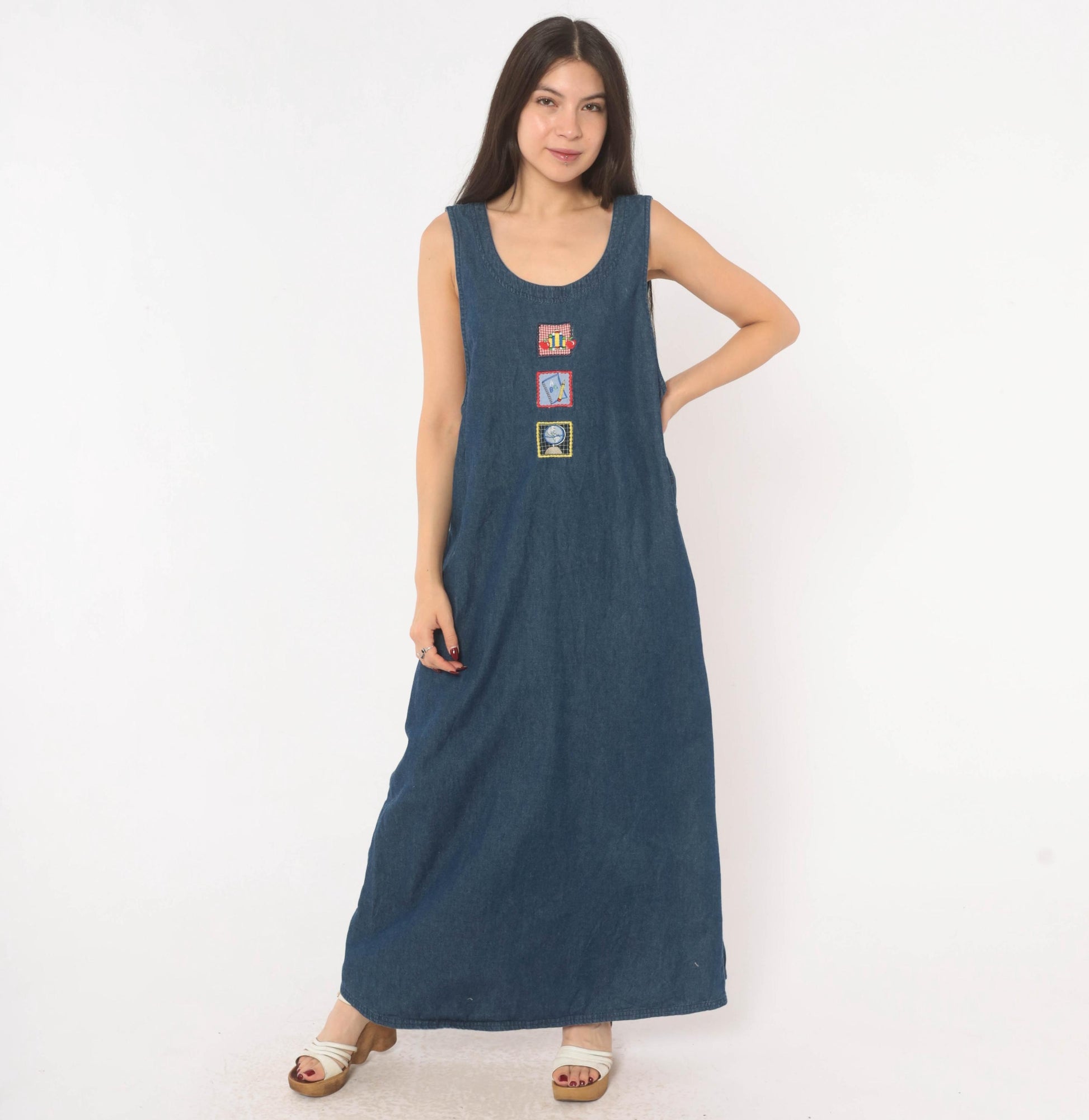 90s White Stag Navy Denim Maxi Jumper Dress School Patches Large L