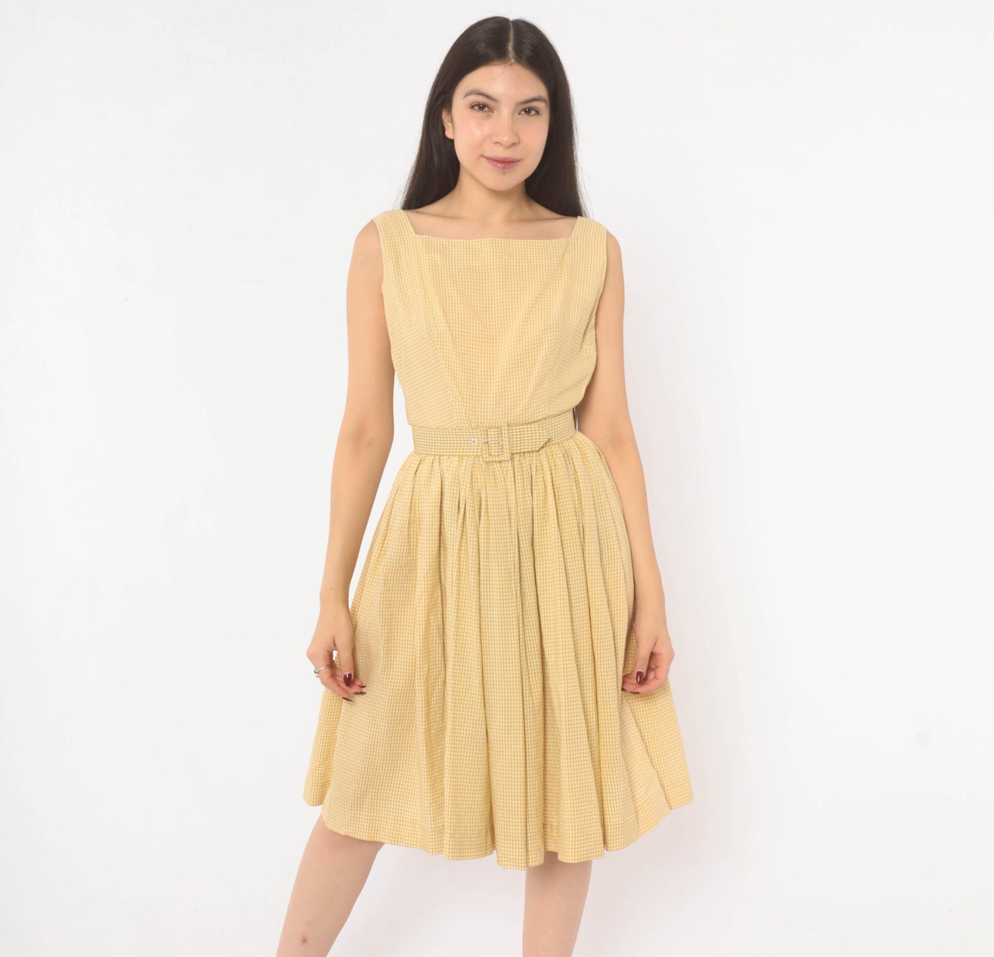 1950s P.S. Andrews Co Gingham Sundress Yellow White Cotton Fit Flare Extra Small XS