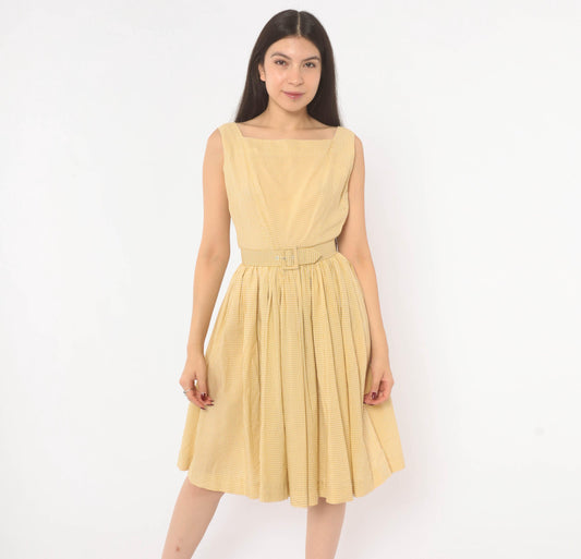 1950s P.S. Andrews Co Gingham Sundress Yellow White Cotton Fit Flare Extra Small XS