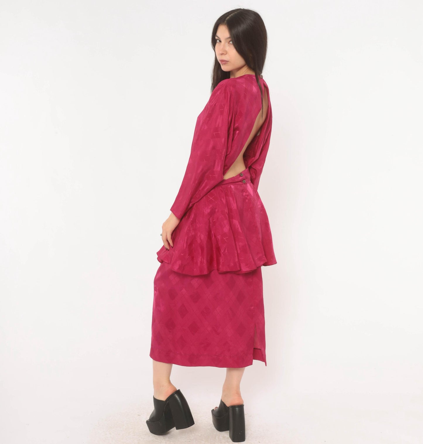 80s Fuchsia Peplum Midi Dress Open Back Jacquard Long Sleeve Large L
