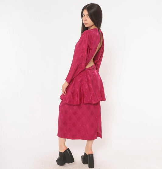 80s Fuchsia Peplum Midi Dress Open Back Jacquard Long Sleeve Large L