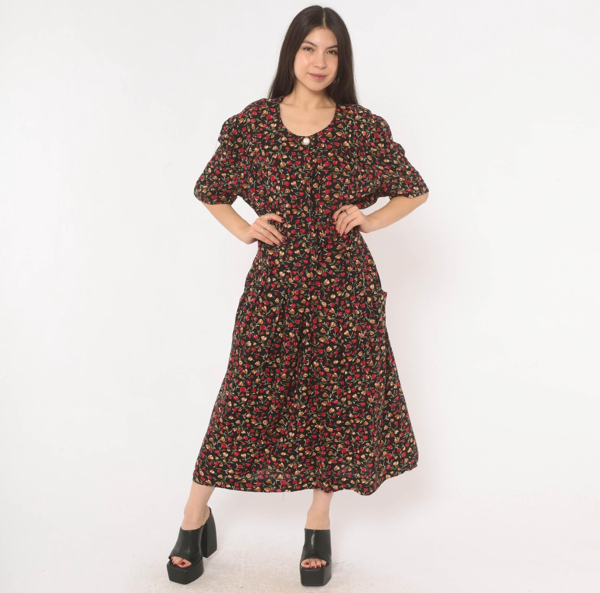 90s Periwinkle Black Tulip Maxi Dress Red Floral Puff Sleeve Plus Size XXL