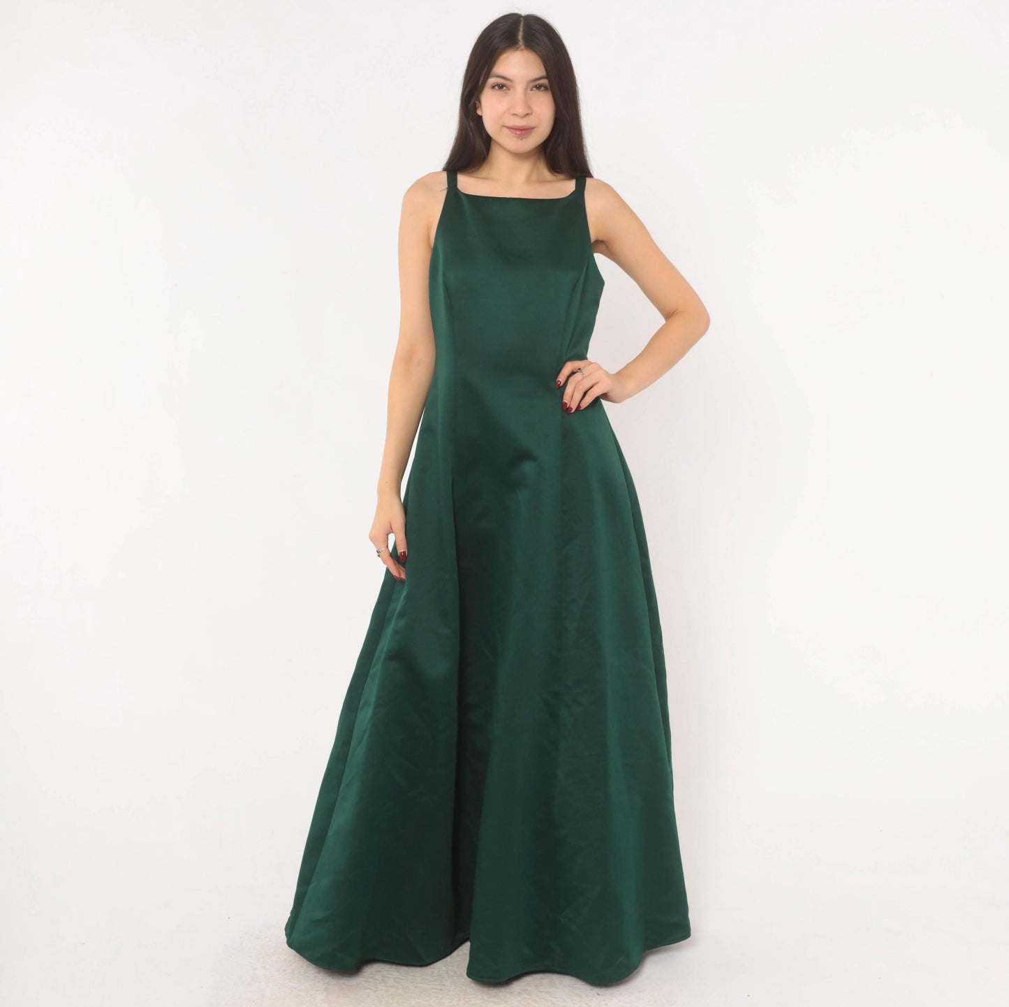 90s Betsy & Adam Emerald Satin Maxi Gown Square Neck A-Line Evening Dress Small