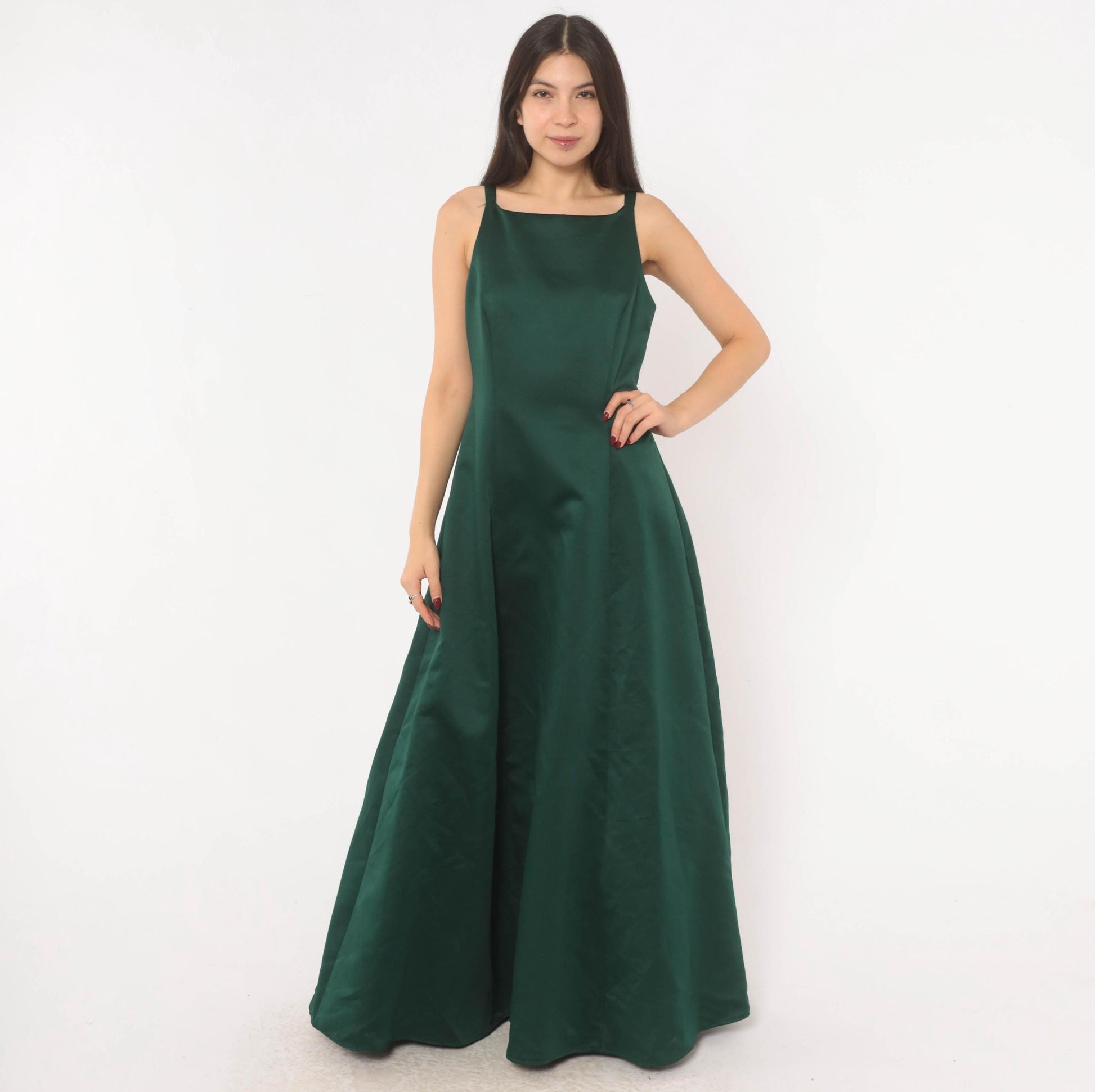 90s Betsy & Adam Emerald Satin Maxi Gown Square Neck A-Line Evening Dress Small