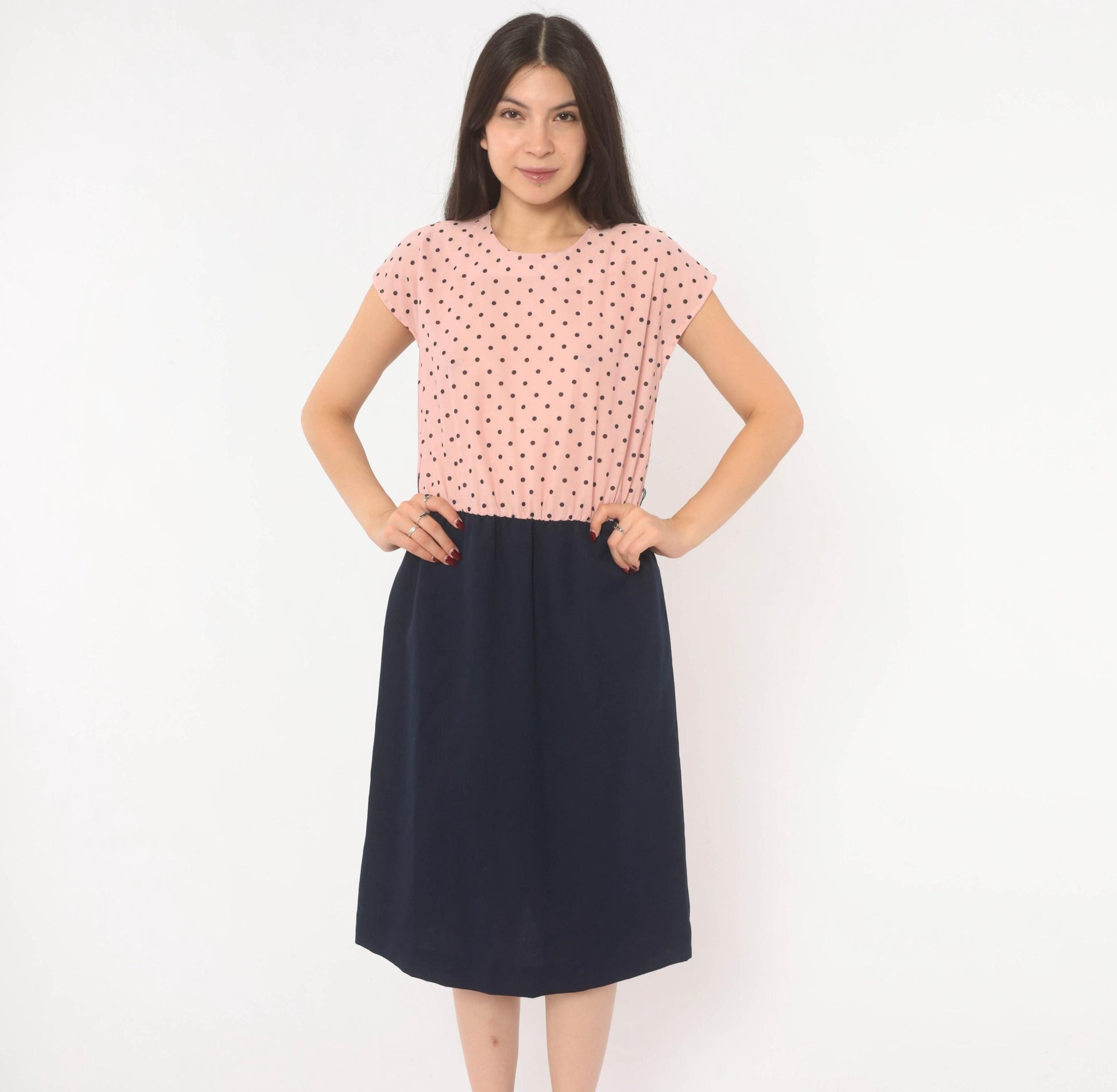 80s Two-Tone Polka Dot Dress Pink Navy Cap Sleeve A-Line Medium M