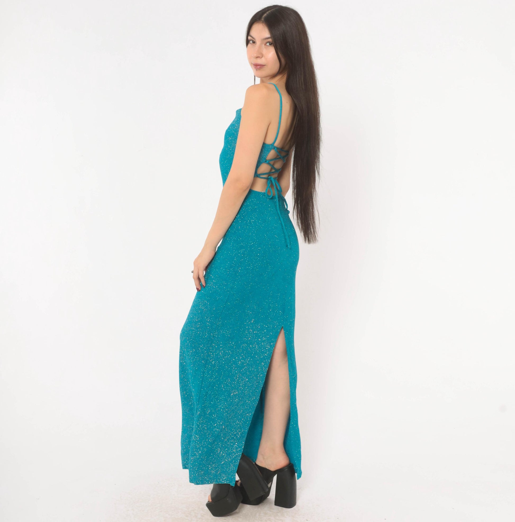 2000s City Triangles Teal Glitter Maxi Dress Lace-Up Back Small