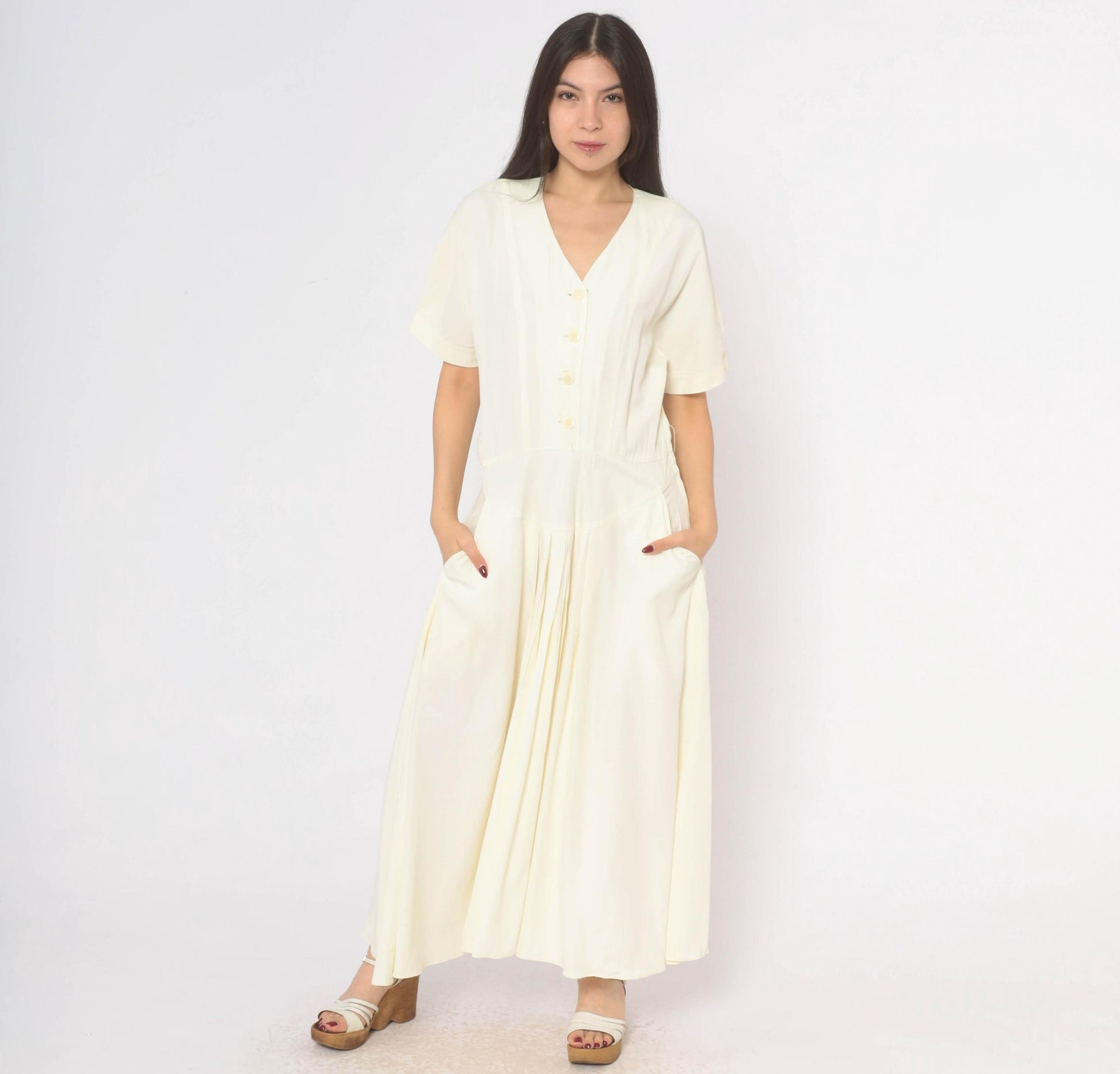 90s E.D. Michaels Cream Button Front Maxi Dress Puff Sleeve Drop Waist Medium M