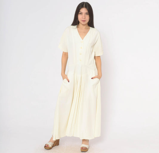 90s E.D. Michaels Cream Button Front Maxi Dress Puff Sleeve Drop Waist Medium M