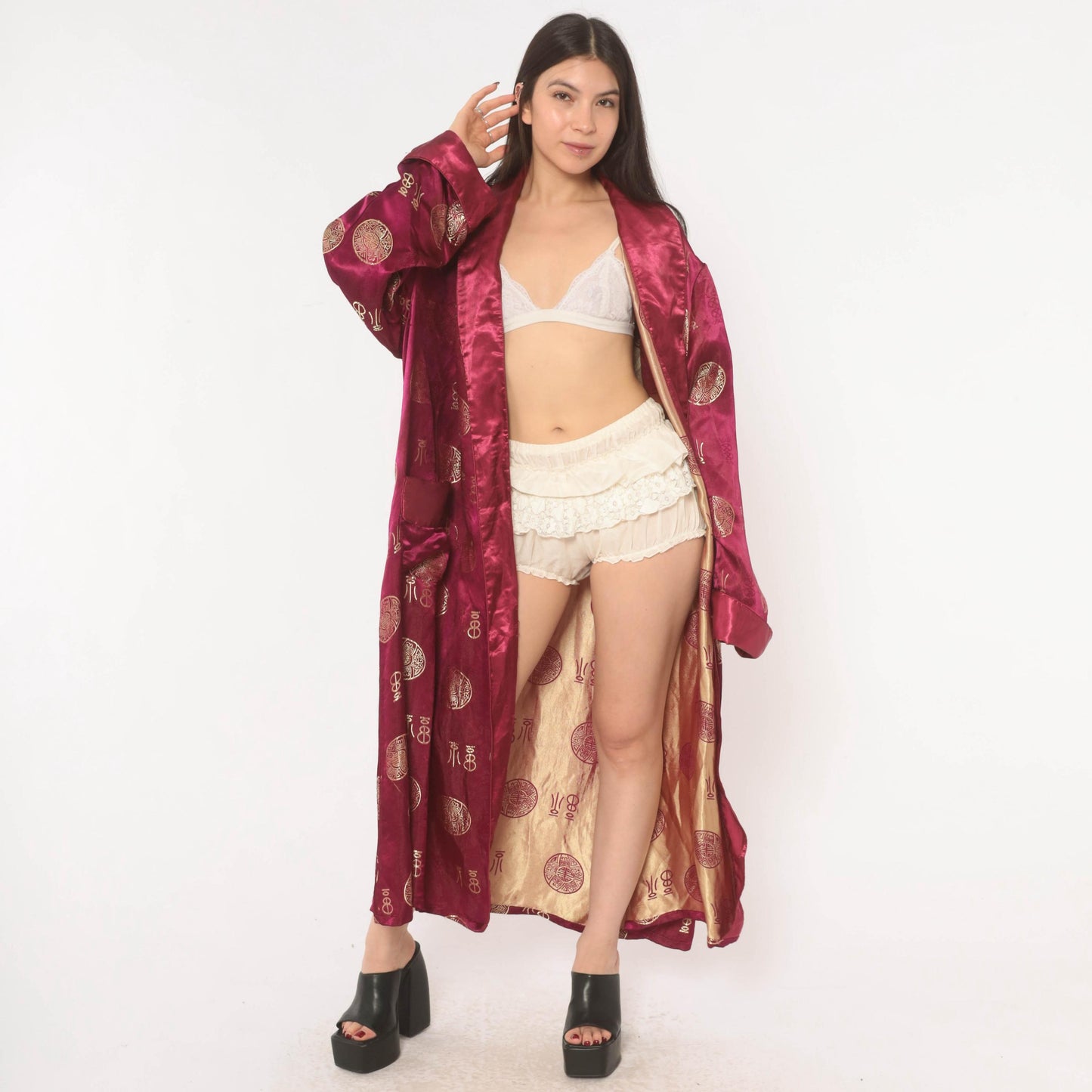 90s Magenta Satin Robe Gold Jacquard Medallion Kimono Maxi Duster Large L