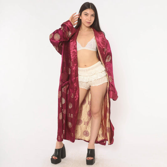90s Magenta Satin Robe Gold Jacquard Medallion Kimono Maxi Duster Large L