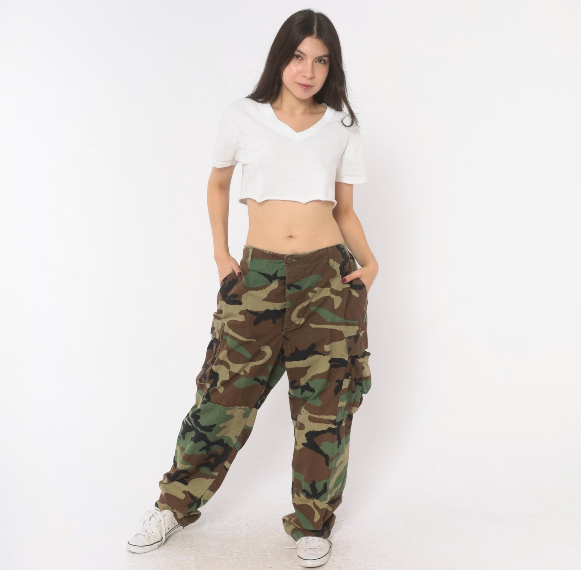 Y2K Woodland Camo Cargo Pants Olive Brown Ripstop Military BDU Large L