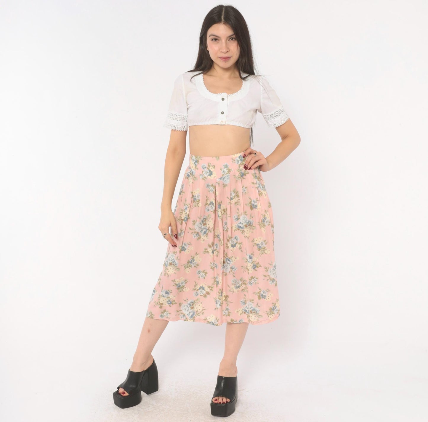 90s Russ Petites Floral Pleated Skirt Pink Rose Blue Cotton A-Line Medium