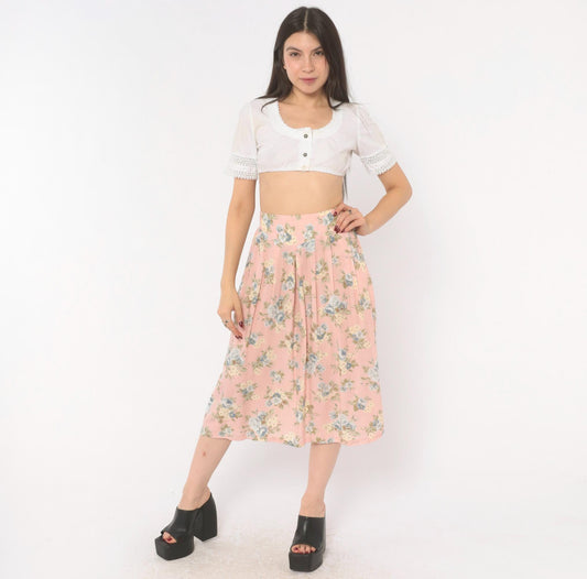 90s Russ Petites Floral Pleated Skirt Pink Rose Blue Cotton A-Line Medium
