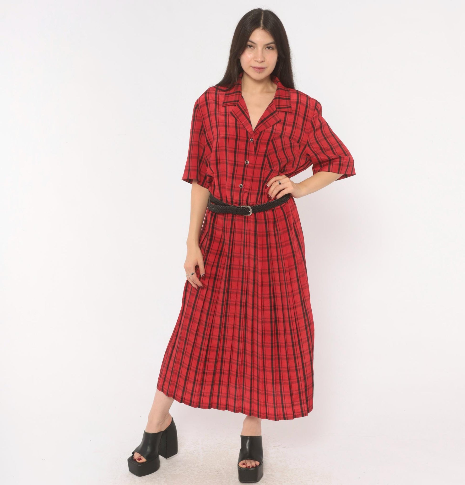 80s Leslie Fay Plaid Shirtdress Red Black Tartan Midi Pleated Medium Large