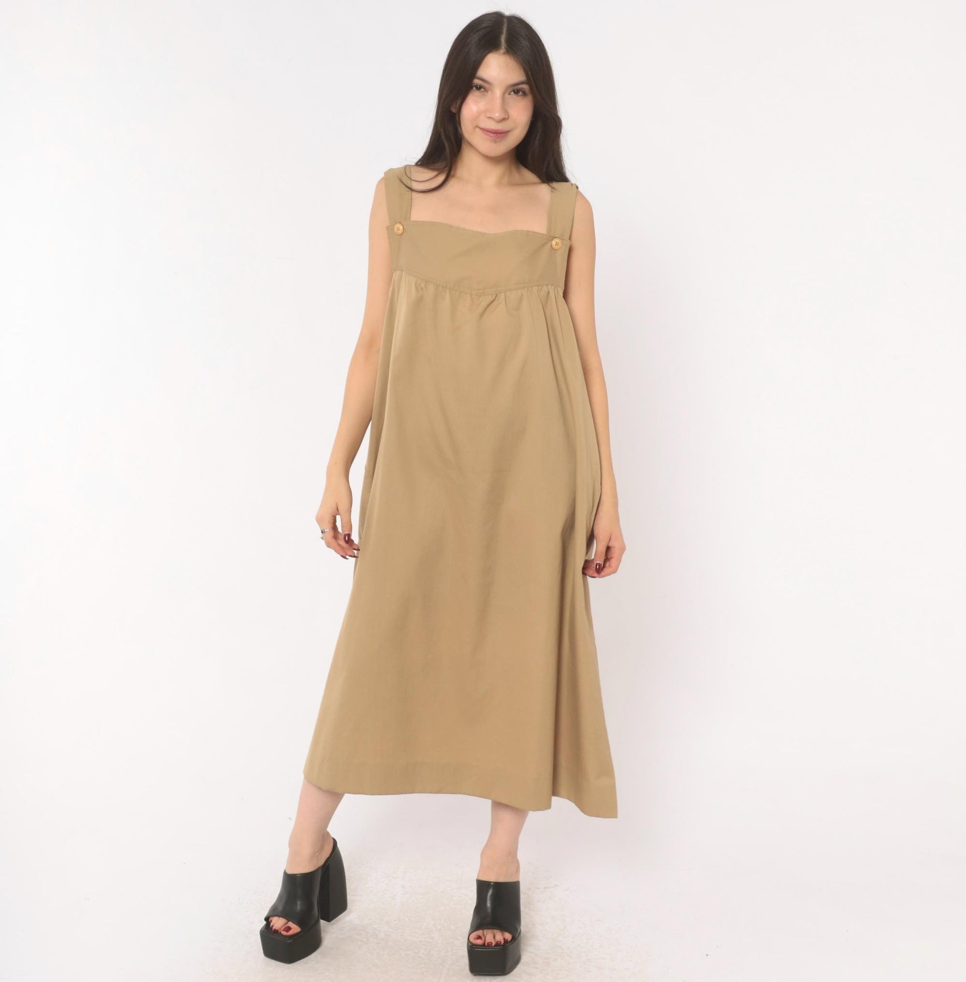 80s Tan Cotton Jumper Dress Square Neck Button Strap Midi Pinafore Large L