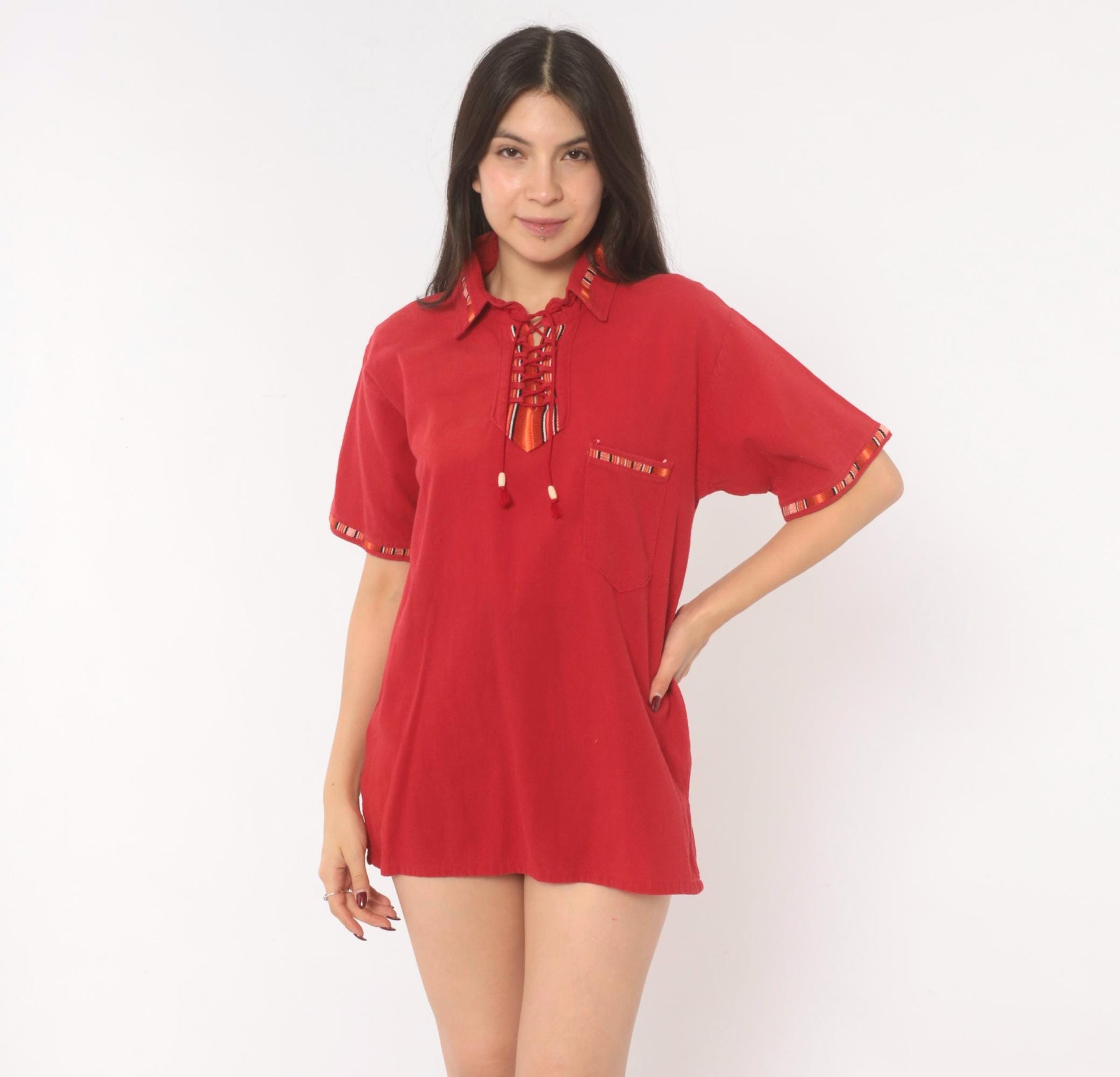 90s Red Cotton Lace-Up Tunic Shirt Southwestern Woven Trim Tassels Medium