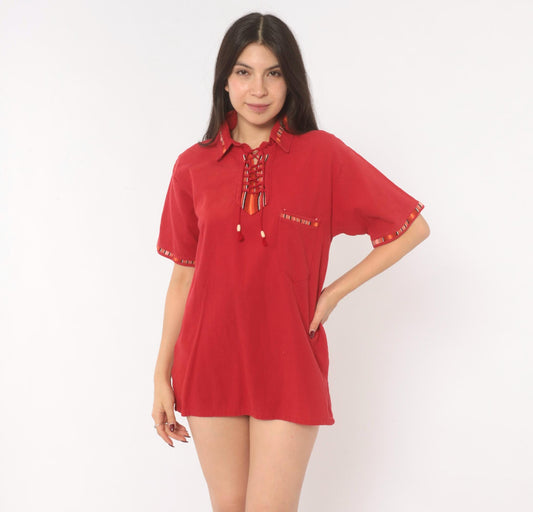 90s Red Cotton Lace-Up Tunic Shirt Southwestern Woven Trim Tassels Medium