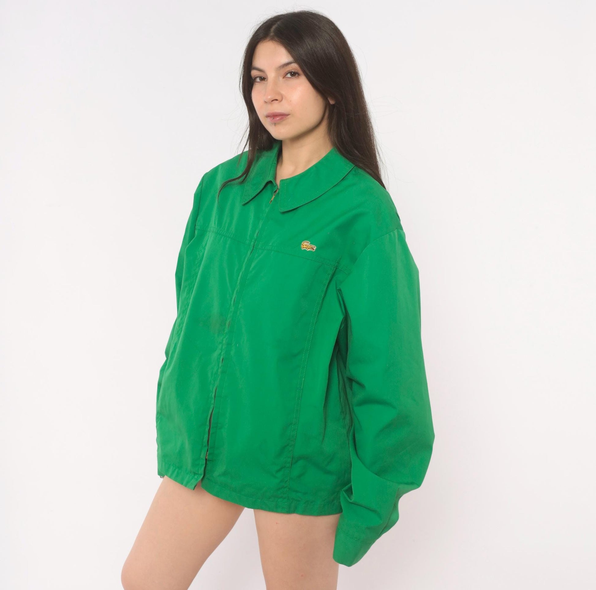 70s Alligator Green Zip Front Windbreaker Cotton Jacket Medium