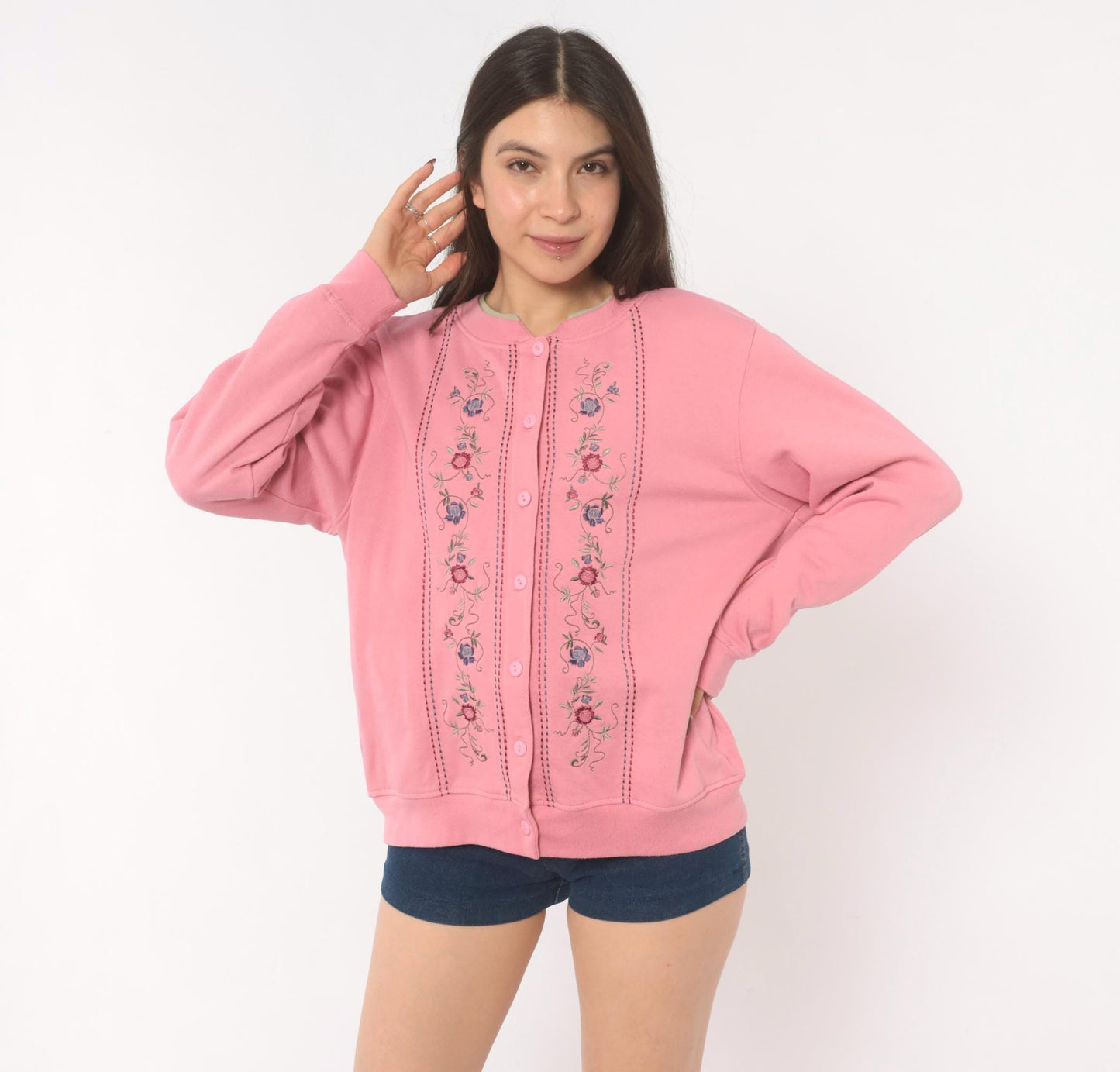 90s Shenanigans Floral Embroidered Cardigan Pink Cotton Button Front Medium