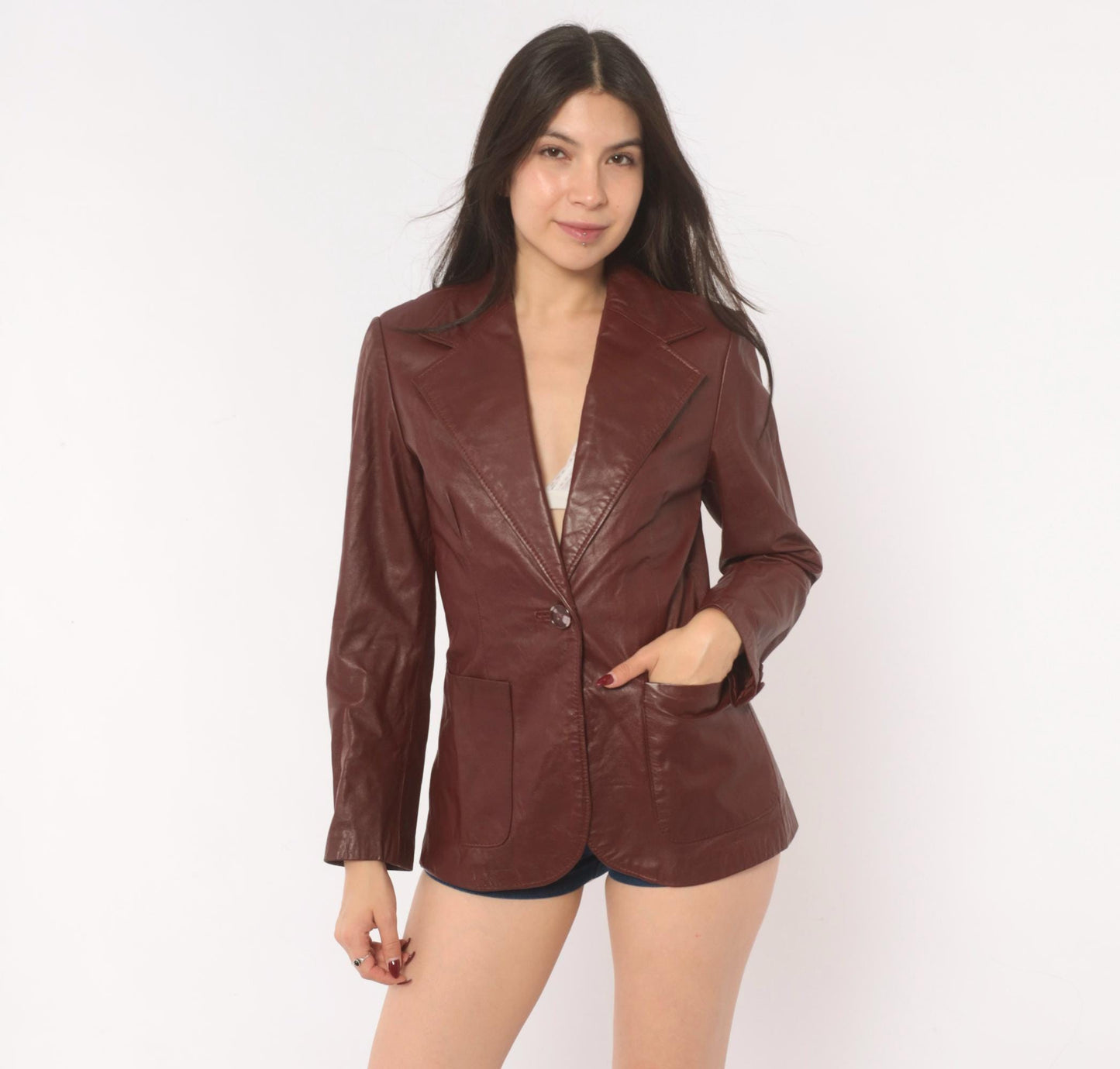 70s Burgundy Leather Blazer Single Button Notched Lapel Fitted Waist XS