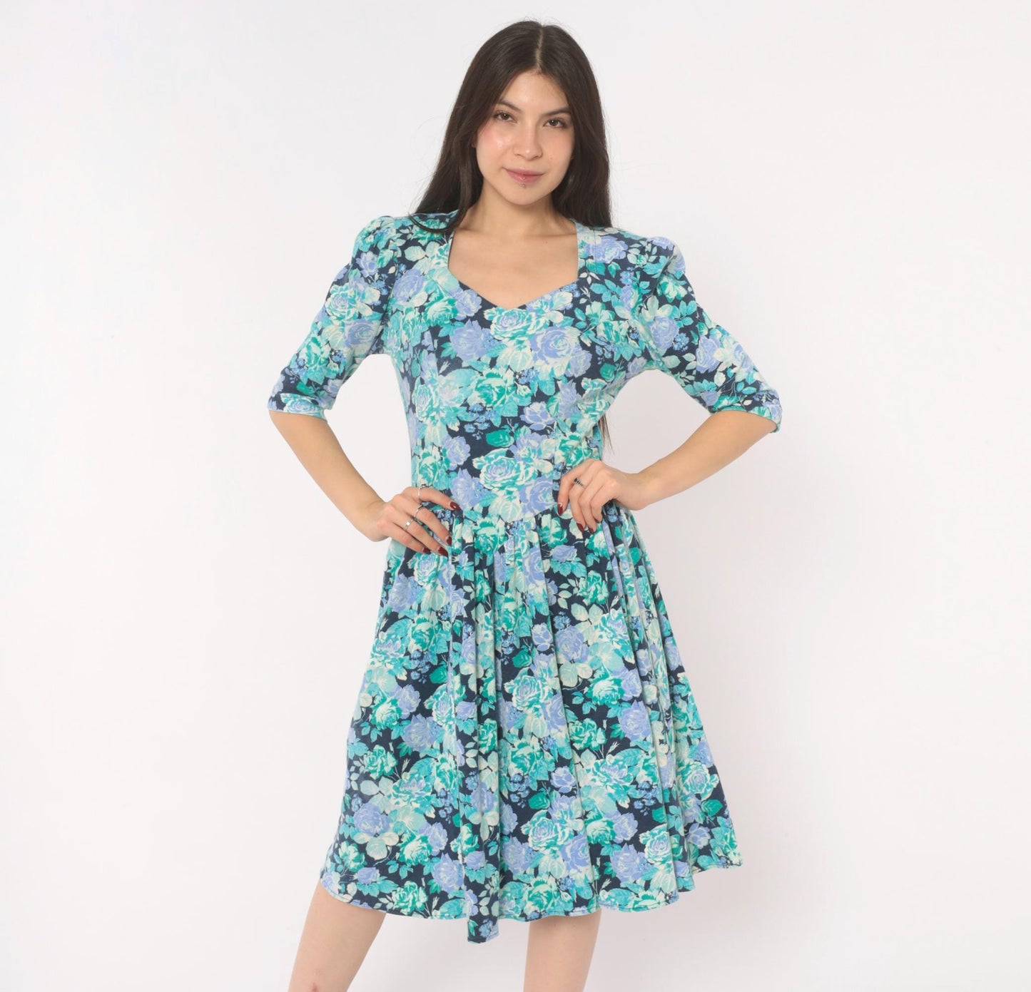 80s Stash Floral Dress Rose Print Sweetheart Neckline Puff Sleeve Navy Extra Small XS