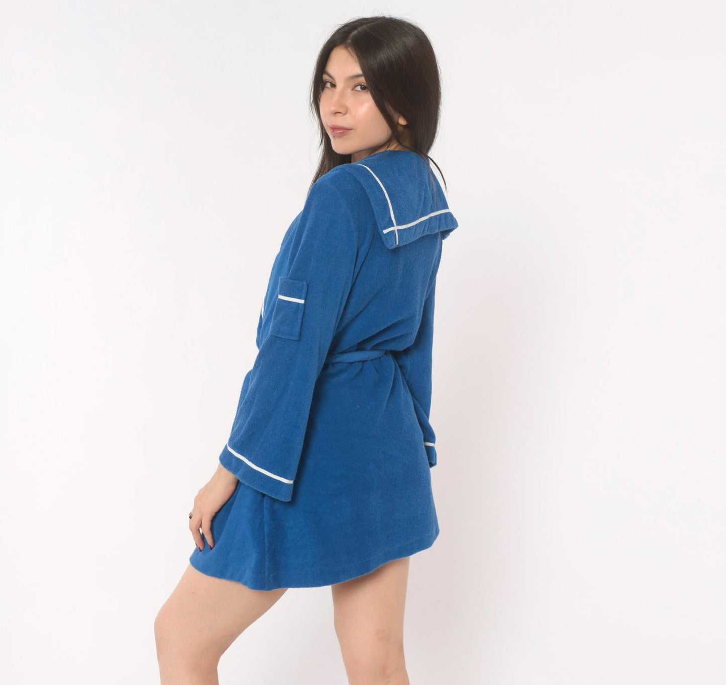 70s Deena Blue Terry Cloth Robe Sailor Collar White Piping Mini Medium M
