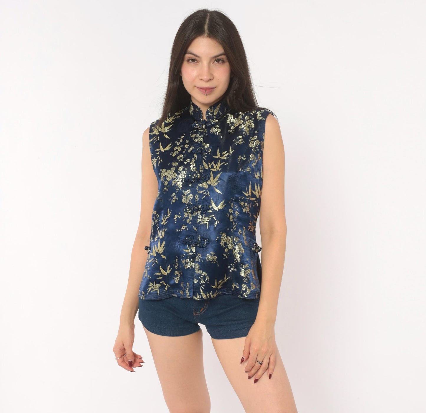 90s Navy Silk Cheongsam Vest Gold Bamboo Brocade Mandarin Collar Small S