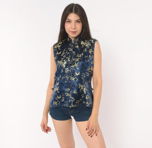 90s Navy Silk Cheongsam Vest Gold Bamboo Brocade Mandarin Collar Small S