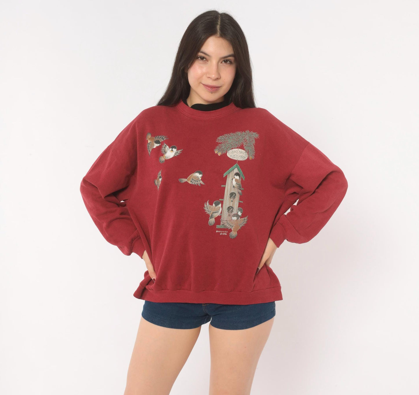90s Morning Sun Burgundy Bird Birdhouse Crewneck Sweatshirt Cotton Large L