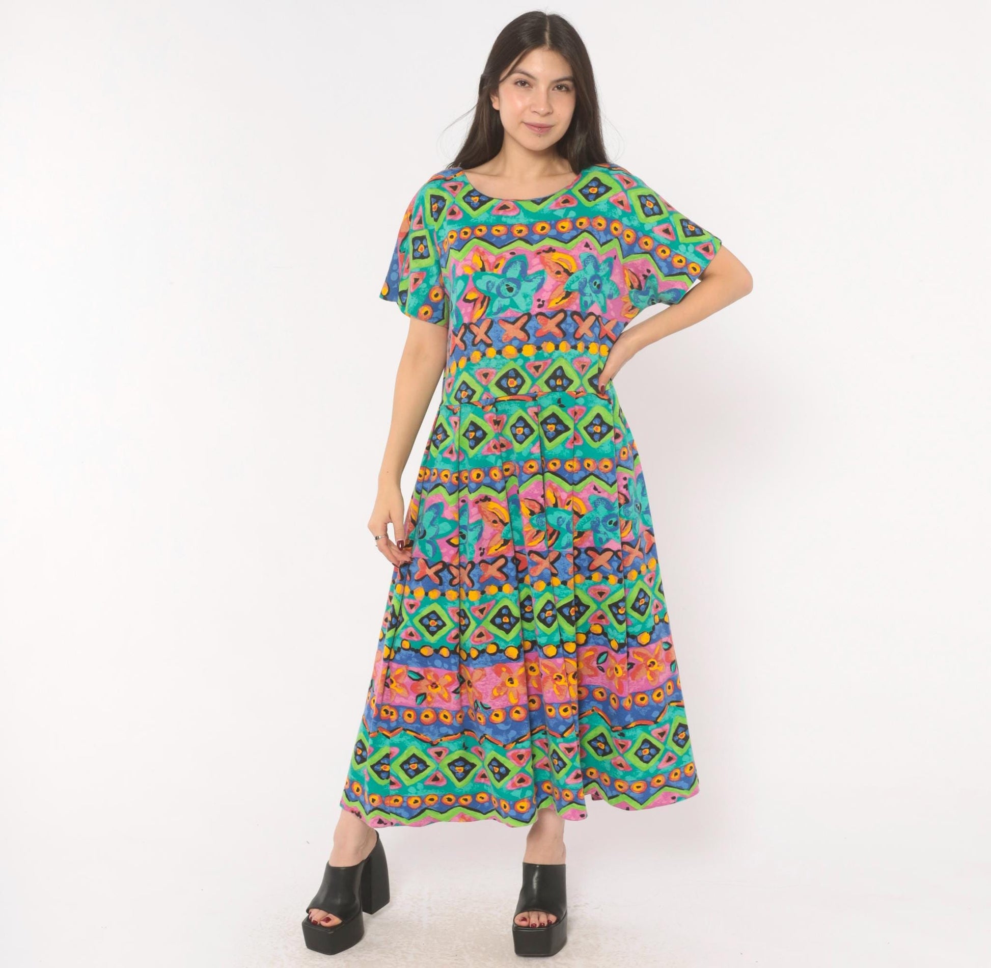 90s Sabino Geometric Tribal Print Maxi Dress Teal Pink Yellow Large L